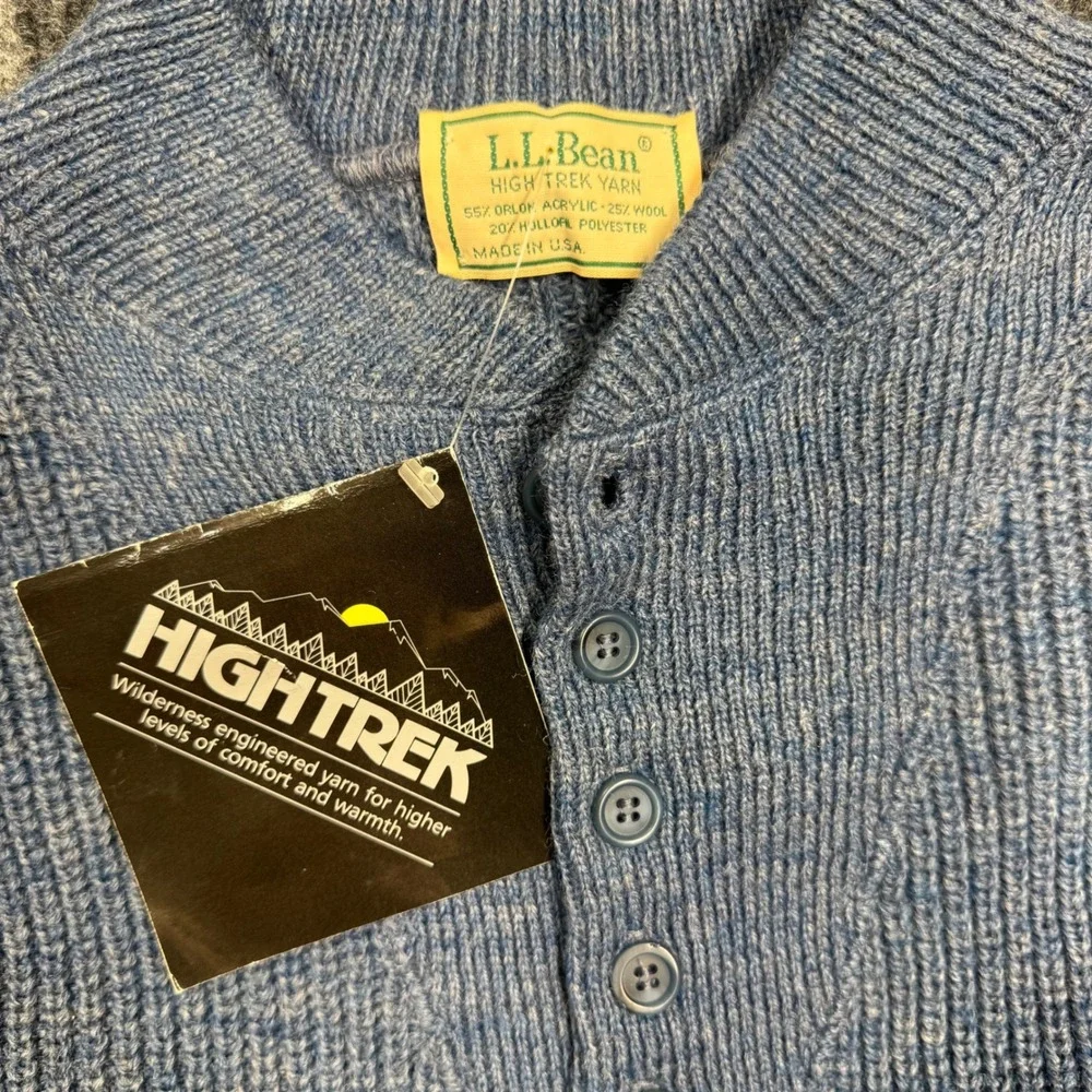 L.L. Bean High Trek Yarn Sweater L Blue NEW Henley Wool Blend Waffle Knit (2180)